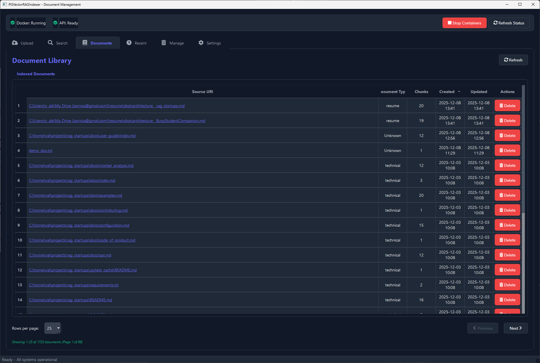 Documents tab displaying indexed files with metadata and source locations