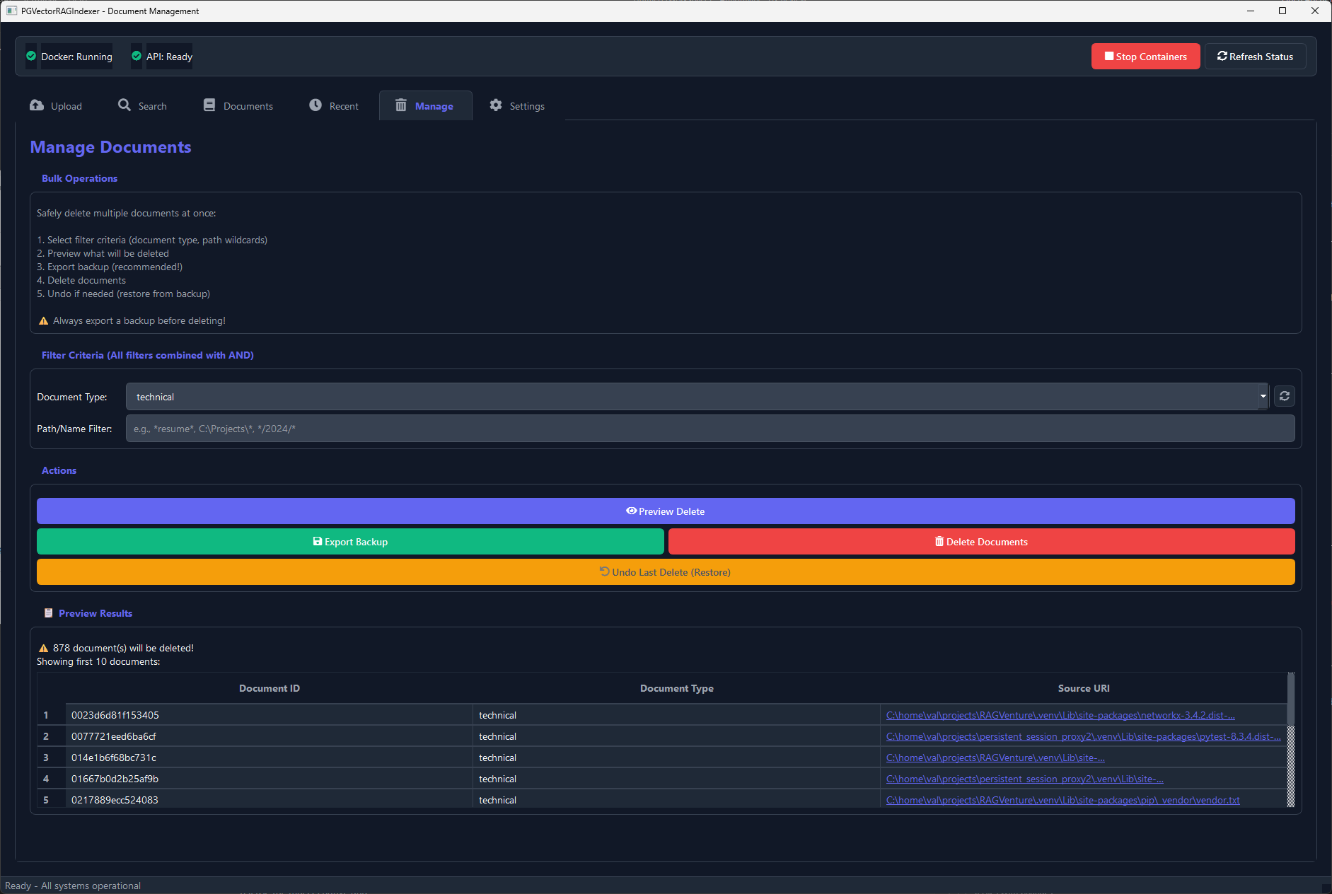 Manage tab with database management and export backup options