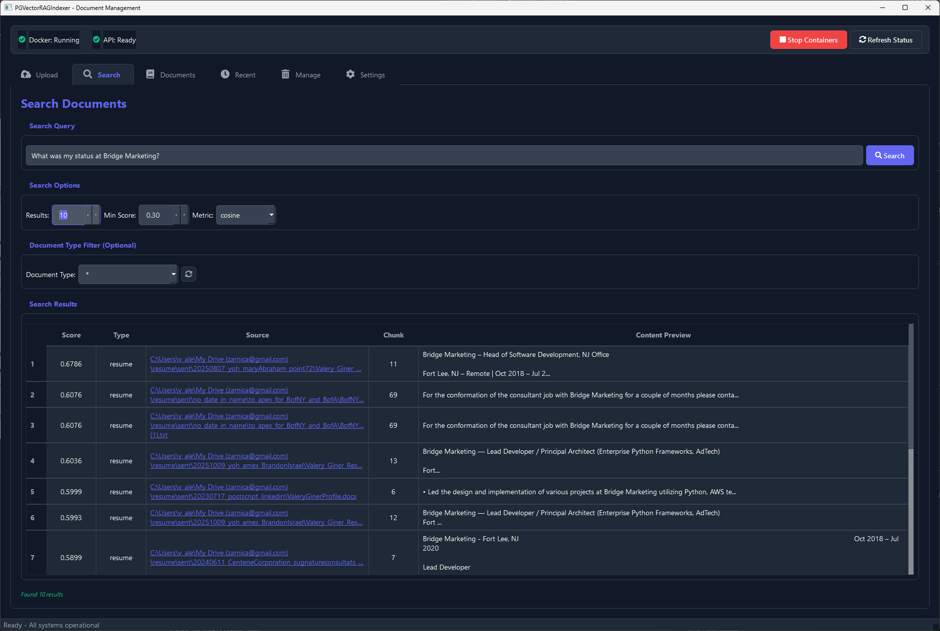 Search tab with semantic query input and ranked document results