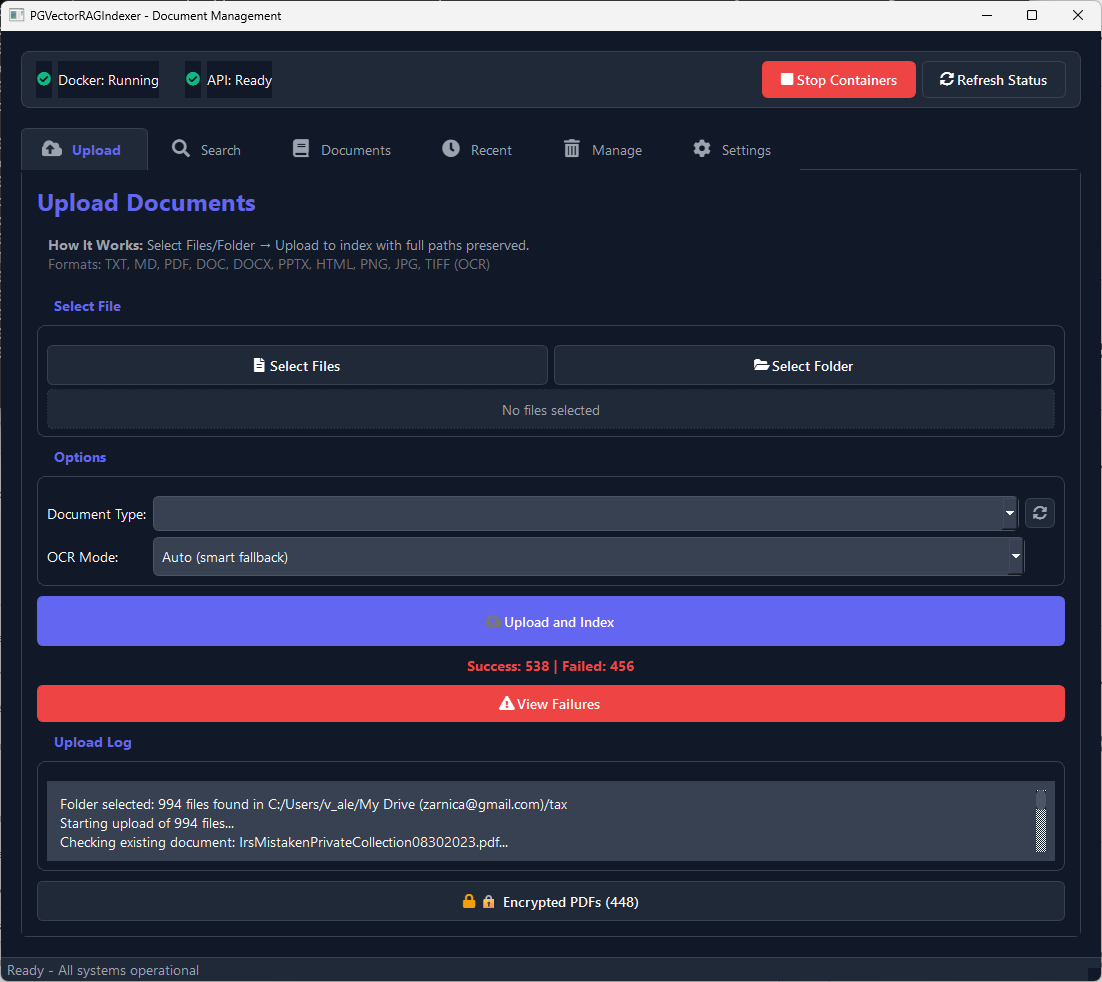 Upload tab showing folder selection, OCR modes, and document indexing options