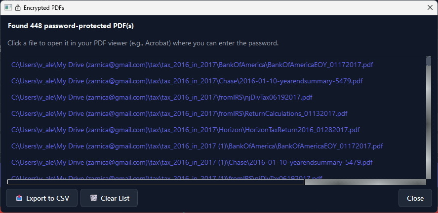 Encrypted PDFs dialog showing password-protected files detected during upload